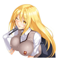 Rule 34 | + +, 1girl, :p, ;p, bent over, blonde hair, blush, breasts, controller, covered erect nipples, elbow gloves, gloves, large breasts, long hair, looking at viewer, nakano sora, one eye closed, pleated skirt, remote control, school uniform, shokuhou misaki, short sleeves, simple background, skirt, solo, spider web print, sweater vest, symbol-shaped pupils, taut clothes, toaru kagaku no railgun, toaru majutsu no index, tongue, tongue out, v-neck, white background, white gloves, wink, yellow eyes