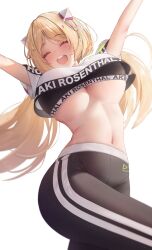 Rule 34 | 1girl, absurdres, aki rosenthal, arms under breasts, black bracelet, black pasties, blonde hair, blue sports bra, blush, breasts, closed eyes, cowboy shot, crop top, from below, highres, hololive, hololive dance practice uniform, large breasts, long hair, midriff, navel, official alternate costume, open mouth, pants, prab, simple background, smile, solo, sports bra, sports bra peek, track pants, twintails, underboob, undersized clothes, virtual youtuber, white background