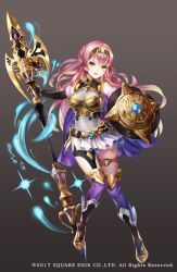 Rule 34 | 1girl, armor, axe, brown background, brown eyes, character request, copyright notice, full body, gloves, gradient background, grimms notes, long hair, nemusuke, official art, open mouth, pink hair, shield, smile, tiara, weapon