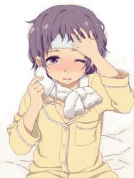 Rule 34 | 1girl, bandages, blush, cold pack, drawr, hand on forehead, mask, mattaku mousuke, mouth mask, oekaki, one eye closed, open mouth, original, pajamas, sick, simple background, snot, solo, surgical mask, tears, towel, towel around neck, wavy mouth, white background, wink