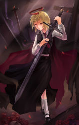 Rule 34 | 1girl, androgynous, blonde hair, cape, cross, ex-rumia, halo, highres, light particles, light rays, naoki yukira, red eyes, rumia, shirt, short hair, skirt, solo, sword, torn cape, torn clothes, touhou, vest, weapon