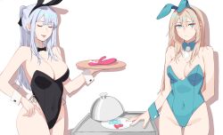 Rule 34 | 2girls, absurdres, ak-12 (girls&#039; frontline), alternate costume, an-94 (girls&#039; frontline), animal ears, aqua eyes, aqua leotard, arm behind back, bare shoulders, black leotard, blonde hair, breasts, cleavage, closed eyes, closed mouth, condom, covered navel, detached collar, fake animal ears, feet out of frame, girls&#039; frontline, hand on own thigh, highres, holding, holding tray, kavni, large breasts, leotard, light smile, long hair, looking at viewer, medium breasts, multiple girls, open mouth, parted lips, playboy bunny, ponytail, rabbit ears, sex toy, sidelocks, simple background, standing, tray, white hair, white wrist cuffs, wrist cuffs