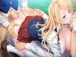 Rule 34 | 1girl, anal, ass, ass grab, blonde hair, blue eyes, blush, bottomless, breasts, breasts out, censored, clothed sex, clothes lift, double penetration, feet, fellatio, game cg, grass, group sex, hetero, huge breasts, legs, long hair, looking back, lying, lying on person, mosaic censoring, multiple boys, multiple penetration, nipples, no bra, no panties, on stomach, open clothes, oral, original, outdoors, penis, plaid, plaid skirt, school uniform, sex, shoes, skirt, skirt lift, solo focus, spitroast, sweat, thighhighs, thighs, triple penetration, vaginal, watashi, hentai ni nacchau: kore ga akogare no ryuugaku seikatsu!?, white thighhighs, yoshizawa tomoaki