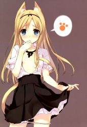 Rule 34 | 1girl, absurdres, animal ears, blonde hair, blue eyes, blush, breasts, cat ears, cat tail, clothes lift, collarbone, embarrassed, flat chest, hair ribbon, hairband, highres, long hair, looking at viewer, open clothes, open shirt, original, panties, panty pull, paw print, revision, ribbon, scan, shirt, short sleeves, simple background, skirt, skirt lift, small breasts, solo, tail, tatami to hinoki, tears, underwear