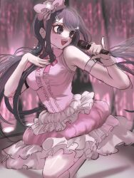 Rule 34 | 1girl, :d, absurdres, bare shoulders, black hair, bow, bowtie, breasts, center frills, collared shirt, danganronpa: trigger happy havoc, danganronpa (series), frills, hair bow, hair ornament, hairclip, hands up, highres, holding, holding microphone, kneehighs, large breasts, layered skirt, long hair, maizono sayaka, mi loveyouuu, microphone, official alternate costume, open mouth, pink bow, pink bowtie, pink shirt, pink skirt, shiny skin, shirt, skirt, smile, socks, solo, teeth, upper teeth only