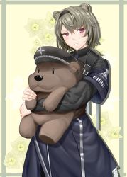 Rule 34 | 1girl, absinthe (arknights), absurdres, animal ear fluff, animal ears, arknights, bear ears, bear girl, chiyo goya, commission, flower, grey hair, hat, highres, holding, holding stuffed toy, jacket, logo, red eyes, rhodes island logo (arknights), smile, solo, stuffed animal, stuffed toy, tears, teddy bear, yellow background, yellow flower