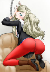 Rule 34 | 10s, 1girl, akanako, ass, blue eyes, blush, boots, breasts, chain, chair, from behind, hair ornament, hairclip, highres, jacket, long hair, looking at viewer, looking back, megami tensei, no bra, open mouth, pantyhose, persona, persona 5, platinum blonde hair, red pantyhose, shin megami tensei, sideboob, skirt, smile, solo, takamaki anne, twintails, upskirt