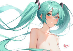 1girl absurdres aqua_eyes aqua_hair blush breasts cleavage collarbone commentary dated hatsune_miku highres long_hair medium_breasts nekosama_shugyouchuu nude signature simple_background solo teeth twintails very_long_hair vocaloid white_background