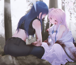 Rule 34 | 2girls, ass, black pants, blood, blood on arm, blood on clothes, blood on face, blue archive, blue hair, breasts, cigarette, crop top, dress, halo, harlow garden, highres, long hair, looking at another, medium breasts, mika (blue archive), mouth hold, multiple girls, off shoulder, pants, pink eyes, pink hair, rock, saori (blue archive), sidelocks, sitting, sitting on rock, sleeveless, sleeveless dress, v arms, white dress