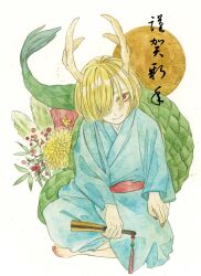 Rule 34 | 1girl, antlers, blonde hair, blue kimono, dragon girl, dragon horns, dragon tail, highres, horns, japanese clothes, kicchou yachie, kimono, kz m i, looking at viewer, red eyes, short hair, smile, tail, touhou, turtle shell, yellow horns