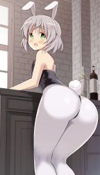 Rule 34 | 1girl, ass, bad id, bad pixiv id, blush, bottle, from behind, glastonbury1966, green eyes, grey hair, leotard, looking back, one-piece thong, pantyhose, playboy bunny, rabbit tail, sanya v. litvyak, short hair, solo, strike witches, thong, thong leotard, white pantyhose, world witches series