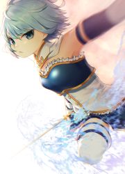 Rule 34 | 1girl, arm at side, armpits, bare shoulders, belt, blue eyes, blue hair, blue skirt, blurry, blurry foreground, breasts, cape, chromatic aberration, depth of field, detached sleeves, dutch angle, fighting stance, floating hair, frown, gradient background, highres, leg up, light particles, looking at viewer, mahou shoujo madoka magica, mahou shoujo madoka magica (anime), medium breasts, miki sayaka, outstretched arm, parted lips, pink background, serious, short hair, simple background, skirt, solo, strapless, sword, thighhighs, upper body, v-shaped eyebrows, water, water drop, weapon, white background, white cape, white thighhighs, yuurei447, zettai ryouiki
