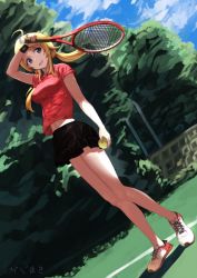 Rule 34 | 1girl, :d, ahoge, arm at side, arm up, ball, bare arms, bare legs, black skirt, blonde hair, blue eyes, blurry, blurry background, breasts, commentary request, day, dutch angle, full body, hachimiya meguru, hair ornament, hair scrunchie, highres, holding, holding ball, holding racket, idolmaster, idolmaster shiny colors, kadomaki madoka, long hair, looking away, looking to the side, low twintails, medium breasts, midriff peek, miniskirt, navel, open mouth, outdoors, racket, red scrunchie, red shirt, scrunchie, shirt, shoes, short sleeves, sidelocks, signature, skirt, smile, sneakers, solo, sportswear, standing, sweat, sweatband, tennis ball, tennis racket, tennis uniform, tree, twintails, white footwear, wiping forehead, wristband