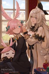 Rule 34 | 2girls, :d, = =, artist name, black capelet, black jacket, black pants, black ribbon, blue bow, bow, braid, breasts, capelet, cleavage, closed eyes, closed mouth, collared shirt, commentary, day, dragalia lost, dress, english commentary, eye contact, eyes visible through hair, gabriel (dragalia lost), grey hair, hair bow, hair ornament, hair over one eye, hair ribbon, hairdressing, hentaki, highres, indoors, jacket, long hair, looking at another, looking back, medium breasts, multiple girls, open mouth, pants, pink hair, pinon (dragalia lost), rabbit hair ornament, ribbon, shirt, sitting, smile, very long hair, watermark, web address, white dress, white shirt, window