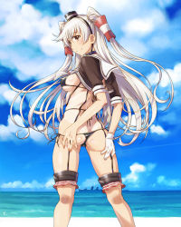Rule 34 | 1girl, amatsukaze (destroyer), amatsukaze (kancolle), ass, bikini, bikini bottom pull, black bikini, blush, breasts, cloud, commentary request, day, covered erect nipples, from behind, gloves, hand on own ass, kantai collection, long hair, medium breasts, ocean, one-piece tan, sailor, sailor collar, sameha ikuya, side-tie bikini bottom, sky, smile, smokestack hair ornament, solo, swimsuit, tan, tanline, twintails, twisted torso, two side up, very long hair, white gloves, white hair