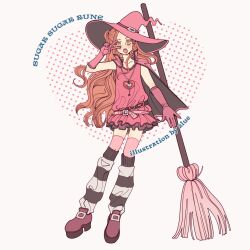 Rule 34 | 1girl, absurdres, artist name, belt, broom, cape, chocolat meilleure, commentary, copyright name, dress, english commentary, full body, gloves, green eyes, hat, heart, heart pendant, highres, leg warmers, long hair, open mouth, orange hair, pink cape, pink dress, pink gloves, pink hat, pink thighhighs, sidelocks, simple background, sleeveless, sleeveless dress, solo, striped leg warmers, sugar sugar rune, thighhighs, v, witch, witch hat, zlue