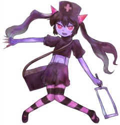 Rule 34 | 1girl, :d, bag, between fingers, black hair, black shirt, black thighhighs, bmp-to-png conversion, chrome (mon-musu quest!), colored skin, crop top, cross, demon girl, full body, game cg, glowing horns, hacksaw, hair between eyes, hat, holding, holding syringe, horizontal-striped thighhighs, horns, knees together feet apart, long hair, looking at viewer, lowres, midriff, mon-musu quest!, navel, non-web source, nurse cap, open mouth, outstretched arms, pink eyes, pink horns, pink thighhighs, puffy short sleeves, puffy sleeves, purple footwear, purple skin, red cross, ringed eyes, saw, shirt, short sleeves, shorts, shoulder bag, simple background, smile, solo, striped clothes, striped thighhighs, suspender shorts, suspenders, syringe, thighhighs, transparent background, twintails, un do, v-shaped eyebrows, v-shaped eyes