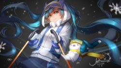 Rule 34 | 1girl, animal, blue eyes, blue hair, blue skirt, clothed animal, hat, hatsune miku, j 315 (jean), long hair, looking at viewer, matching hair/eyes, rabbit, scarf, simple background, skirt, smile, snowflakes, solo, twintails, very long hair, vocaloid, yuki miku, yukine (vocaloid)