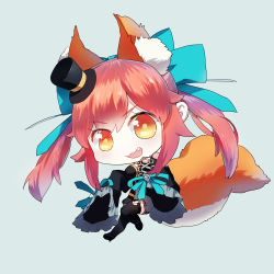 Rule 34 | 10s, 1girl, animal ears, chibi, colivt, fang, fate/extra, fate (series), fox ears, fox tail, hat, mini hat, mini top hat, official alternate costume, pink hair, solo, tail, tamamo no mae (fate/extra), tamamo no mae (sable mage) (fate), top hat, yellow eyes