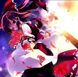 Rule 34 | 1girl, album cover, brown eyes, brown hair, cover, covering own mouth, detached sleeves, dutch angle, female focus, flower, fujiwara warawara, hair ribbon, hakurei reimu, japanese clothes, jpeg artifacts, looking back, miko, petals, ribbon, short hair, sky, solo, spider lily, touhou, wind