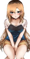 Rule 34 | 1girl, alternate hair length, alternate hairstyle, blue shirt, breasts, collarbone, commentary request, grey eyes, highres, long hair, looking at viewer, medium breasts, miyamori aoi, multicolored hair, parted bangs, roots (hair), shirobako, shirt, short sleeves, shorts, simple background, sitting, solo, tahita1874, thighs, two-tone shirt, white background, white shirt, yellow shorts