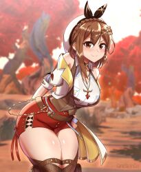 Rule 34 | 1girl, atelier (series), atelier ryza, atelier ryza 1, atelier ryza 2, belt, blush, breasts, brown belt, brown eyes, brown hair, canadiananiguy, cleavage, hair ornament, hairclip, hat, highres, jewelry, large breasts, leather belt, looking at viewer, necklace, red shorts, reisalin stout, short hair, short shorts, shorts, sleeveless, sleeveless jacket, smile, solo, star (symbol), star necklace, thighhighs, thighs, white hat