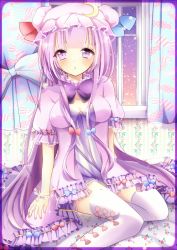 Rule 34 | 1girl, aliprojectlove, blush, bracelet, breasts, crescent, dress, female focus, hat, jewelry, long hair, looking at viewer, patchouli knowledge, purple eyes, purple hair, solo, thighhighs, touhou, ukita uuko, very long hair, white thighhighs, window