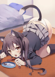 Rule 34 | 1girl, all fours, animal ears, bed, bed sheet, bedroom, black hair, black jacket, black socks, blazer, blush, bowl, brown eyes, cat ears, cat tail, collared shirt, commentary request, grey skirt, hair between eyes, highres, indoors, jacket, k-on!, kneehighs, long hair, long sleeves, looking at viewer, nakano azusa, natsume suzuri, neck ribbon, open mouth, pet bowl, pillow, pleated skirt, red ribbon, ribbon, sakuragaoka high school uniform, school uniform, shirt, sidelocks, skirt, socks, solo, tail, tongue, tongue out, twintails, white shirt, winter uniform