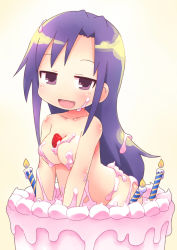Rule 34 | 1girl, :d, artist request, between breasts, birthday cake, blush, breasts, cake, candle, food, food on body, fruit, gabyo nuno, goshiki agiri, kill me baby, long hair, looking at viewer, nude, open mouth, purple eyes, purple hair, smile, solo, strawberry