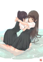 Rule 34 | 2girls, arms around neck, barefoot, black hair, blush, brown eyes, brown hair, buttons, closed mouth, eye contact, hand on another&#039;s cheek, hand on another&#039;s face, highres, hug, kneeling, long hair, long sleeves, looking at another, multiple girls, okiru, original, partially submerged, pleated skirt, puffy sleeves, school uniform, shallow water, short sleeves, skirt, swept bangs, twintails, water, watermark, wet, wet clothes, yuri