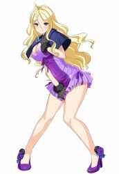 Rule 34 | 1girl, aqua eyes, bare legs, black gloves, blonde hair, breasts, cle masahiro, cleavage, dress, full body, gloves, high heels, jeanne blanc, jewelry, large breasts, long hair, miniskirt, necklace, official art, pumps, shoe flower, simple background, skirt, solo, valkyrie drive, valkyrie drive -siren-, white background