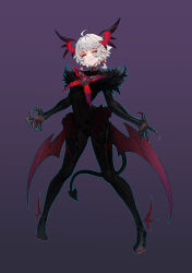 Rule 34 | 1girl, absurdres, ahoge, bodysuit, boots, breasts, claws, closed eyes, corruption, dark persona, demon girl, demon tail, demon wings, elbow gloves, eyeshadow, fang, full body, fur trim, gloves, gradient background, head wings, highres, low wings, magical girl, makeup, medium breasts, original, pale skin, pigeon-toed, pointy ears, purple background, red eyeshadow, see-through, see-through bodysuit, shen hai ichigo, short hair, skin fang, skin tight, solo, standing, tail, thigh boots, variant set, white hair, wings
