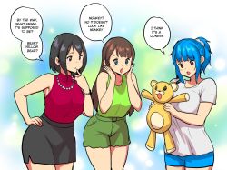Rule 34 | 3girls, bag, black hair, blue eyes, blue hair, breasts, commentary, controller, curvy, english commentary, erkaz, handbag, high ponytail, highres, joystick, large breasts, medium breasts, medium hair, multiple girls, open mouth, original, playing games, red eyes, rina atherina, shirt, short sleeves, speech bubble, stuffed animal, stuffed toy, talking, white shirt