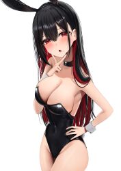 Rule 34 | 1girl, :o, absurdres, amane sora, animal ears, bare arms, bare shoulders, black choker, black hair, black hairband, black leotard, black nails, blush, breasts, choker, cleavage, colored inner hair, commentary request, covered navel, cowboy shot, fake animal ears, hair ornament, hairband, hand on own hip, hand up, heart, heart-shaped pupils, highres, large breasts, leotard, looking at viewer, mole, mole on breast, mole under mouth, multicolored hair, nail polish, open mouth, original, playboy bunny, rabbit ears, red eyes, red hair, simple background, solo, symbol-shaped pupils, two-tone hair, white background, wrist cuffs