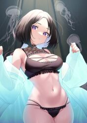 Rule 34 | 1girl, bikini, black bikini, black hair, blue jacket, breasts, cleavage, closed mouth, commission, cowboy shot, expressionless, highres, jacket, jellyfish, lace, lace-trimmed bikini, lace trim, long hair, looking at viewer, medium breasts, mis705313, navel, off shoulder, original, parted hair, purple eyes, skeb commission, sleeves past wrists, stomach, swimsuit
