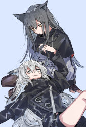 Rule 34 | 2girls, absurdres, animal ears, arknights, arm support, black capelet, black coat, black gloves, black hair, black legwear, black shorts, blue background, capelet, closed mouth, coat, commentary request, fang, fingerless gloves, gloves, grey eyes, grey hair, hand in own hair, highres, jacket, lap pillow, lappland (arknights), long hair, looking at another, lying, multiple girls, na tarapisu153, on back, scar, scar across eye, scar on face, shorts, simple background, sitting, skin fang, texas (arknights), white jacket, wolf ears, yellow eyes, yuri