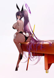 Rule 34 | 1girl, animal ears, ass, billiards, black hair, black leotard, blue archive, breasts, dark-skinned female, dark skin, fake animal ears, fishnet pantyhose, fishnets, from behind, hachimitsu hinako, halo, high heels, highres, huge ass, karin (blue archive), karin (bunny) (blue archive), large breasts, leotard, long hair, number tattoo, pantyhose, playboy bunny, ponytail, pool table, rabbit ears, shiny clothes, shiny skin, shoulder tattoo, sideboob, sitting, solo, strapless, strapless leotard, table, tattoo, thick thighs, thighs, very long hair, wide hips