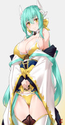 Rule 34 | 1girl, absurdres, aged up, aqua hair, bikini, bow, breasts, detached collar, dragon girl, dragon horns, fate/grand order, fate (series), gdd (vkejr702), grey background, hair bow, highres, horns, japanese clothes, kimono, kiyohime (fate), kiyohime (fate/grand order), kiyohime (swimsuit lancer) (fate), kiyohime (swimsuit lancer) (first ascension) (fate), large breasts, obi, sash, simple background, solo, swimsuit, wide sleeves, yellow bikini, yellow bow, yellow eyes