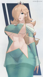 Rule 34 | 1girl, aqua dress, bare shoulders, blonde hair, blue eyes, breasts, commentary, covered erect nipples, cowboy shot, crown, dress, earrings, english commentary, grin, highres, hioyami, jewelry, large breasts, long sleeves, looking at viewer, mario (series), mini crown, navel, nintendo, no bra, off-shoulder dress, off shoulder, panties, parted lips, pink lips, rosalina, see-through, smile, solo, standing, stomach, super mario galaxy, underwear