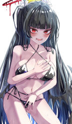 Rule 34 | 1girl, bikini, black bikini, black hair, blue archive, blunt bangs, blush, breasts, collarbone, cowboy shot, hair ornament, halo, hand on own chest, highres, large breasts, long hair, looking at viewer, low wings, navel, open mouth, red eyes, sideboob, solo, swimsuit, tsurugi (blue archive), tsurugi (swimsuit) (blue archive), uenoryoma, wet, white background, wings
