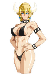 Rule 34 | 1girl, abs, alternate costume, areola slip, armlet, bikini, black bikini, blonde hair, blue eyes, blue pupils, bowsette, bracelet, breasts, covered erect nipples, cowboy shot, from side, hair between eyes, halterneck, hands on own hips, highleg, highleg bikini, horns, jewelry, large breasts, long hair, looking at viewer, mario (series), navel, new super mario bros. u deluxe, nintendo, pointy ears, ponytail, puffy nipples, qkat (arikawa-dou), shiny skin, simple background, smile, solo, spiked armlet, spiked bracelet, spikes, standing, string bikini, swimsuit, thighs, toned, white background