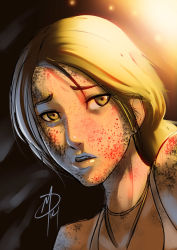 Rule 34 | 1girl, blood, blood on face, brown eyes, brown hair, dirty, dirty face, jewelry, lara croft, lips, long hair, necklace, nose, polarityplus, ponytail, revision, solo, tomb raider, tomb raider (reboot)