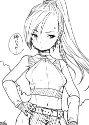 Rule 34 | 1girl, belt, breasts, choker, closed mouth, dragon quest, dragon quest xi, fingerless gloves, gloves, graphite (medium), greyscale, hand on own hip, long hair, martina (dq11), monochrome, navel, ponsuke (pon00000), ponytail, solo, square enix, swept bangs, traditional media