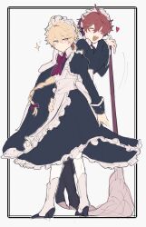 Rule 34 | 2boys, absurdres, aether (genshin impact), ahoge, alternate costume, apron, back bow, black dress, black footwear, blonde hair, blush, boots, bow, bowtie, braid, broom, brown hair, buttons, closed eyes, closed mouth, collared dress, crossdressing, dress, enmaided, frills, genshin impact, hair between eyes, hair bow, hand on own hip, hands up, heart, high heels, highres, holding, holding broom, juliet sleeves, leg07, long hair, long sleeves, looking at viewer, maid, maid headdress, male focus, multiple boys, open mouth, puffy sleeves, purple bow, purple bowtie, shoes, short hair, simple background, smile, socks, star (symbol), tartaglia (genshin impact), teeth, white apron, white background, white bow, white socks, wide sleeves, yellow eyes