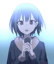 Rule 34 | 1girl, bang dream!, bang dream! it&#039;s mygo!!!!!, black hoodie, blue background, chinese commentary, commentary request, gradient background, grey hair, highres, holding, holding microphone, hood, hoodie, looking at viewer, lu guan, microphone, music, open mouth, red eyes, short hair, singing, solo, takamatsu tomori, upper body, white background