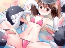 Rule 34 | &gt;:&gt;, 10s, 1girl, :&gt;, alternate costume, bikini, blush, commentary, enemy naval mine (kancolle), flat chest, hat, kantai collection, licking, navel, ryuujou (kancolle), saliva, sand, spread legs, sweatdrop, swimsuit, tentacles, twintails, v-shaped eyebrows, visor cap, watarurikka, water
