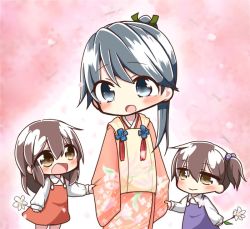 Rule 34 | 10s, 3girls, akagi (kancolle), alternate costume, black hair, blush, brown eyes, brown hair, closed mouth, clothes grab, commentary request, flower, hair ornament, high ponytail, houshou (kancolle), jako (jakoo21), japanese clothes, kaga (kancolle), kantai collection, long sleeves, multiple girls, open mouth, ponytail, short hair, side ponytail, smile, wide sleeves, aged down