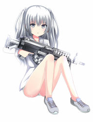 Rule 34 | 1girl, bad id, bad pixiv id, bare legs, blue eyes, blush, collarbone, ear protection, expressionless, full body, grey panties, gun, hair bobbles, hair ornament, highres, holding, holding gun, holding weapon, light machine gun, long hair, long sleeves, looking at viewer, m249, machine gun, no pants, ole1942, open mouth, original, panties, shiny skin, shirt, shoes, silver hair, simple background, sitting, solo, tareme, thighs, trigger discipline, two side up, underwear, weapon, white background, white shirt