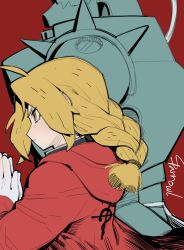 Rule 34 | 1boy, 1girl, alphonse elric, armor, blonde hair, blush, braid, closed mouth, coat, commentary, edward elric, english commentary, from side, full armor, fullmetal alchemist, gloves, highres, hood, hood down, hooded coat, own hands together, palms together, plume, profile, red background, red coat, sanpaku, shoulder spikes, signature, simple background, single braid, sparrowl, spikes, white gloves, yellow eyes