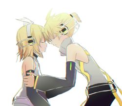 Rule 34 | 1boy, 1girl, backlighting, bare shoulders, belt, black shorts, black sleeves, blonde hair, bow, brother and sister, closed eyes, d futagosaikyou, detached sleeves, forehead-to-forehead, from side, hair bow, hair ornament, hairclip, hands on another&#039;s arms, headphones, heads together, highres, holding another&#039;s arm, kagamine len, kagamine len (append), kagamine rin, kagamine rin (append), leaning forward, shirt, short hair, short ponytail, shorts, siblings, sleeveless, sleeveless shirt, spiked hair, swept bangs, twins, upper body, vocaloid, vocaloid append, white background, white bow, white shirt